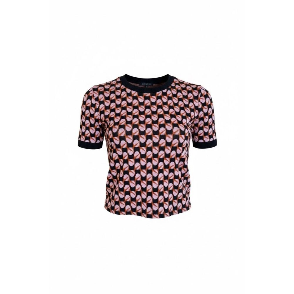 Zara Geometric Knit Crew Neck Short‎ Sleeve Cropped Top Pink Black Size Small